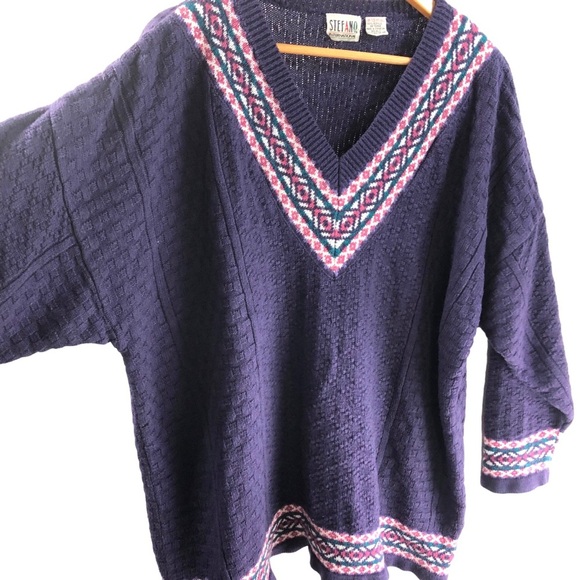 Vintage Stefano V Neck Sweater OS Cable Knit Chunky Contrast Print Purple Casual - Picture 4 of 9
